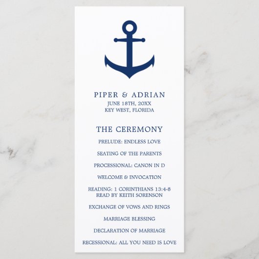 Nautical Anchor Navy Blue Elegant Wedding Programma (Voorkant)