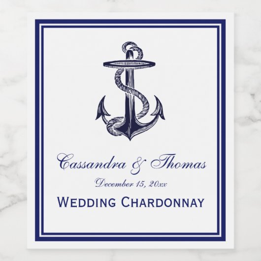 Nautical Anchor Navy Blue Framed 2 Wijn Etiket (Enkel label)