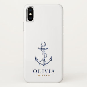 Nautical Anchor Navy Blue Gold Monogram iPhone X Hoesje