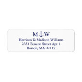 Nautical anchor navy blue koppel monogram initiaal etiket (Voorkant)