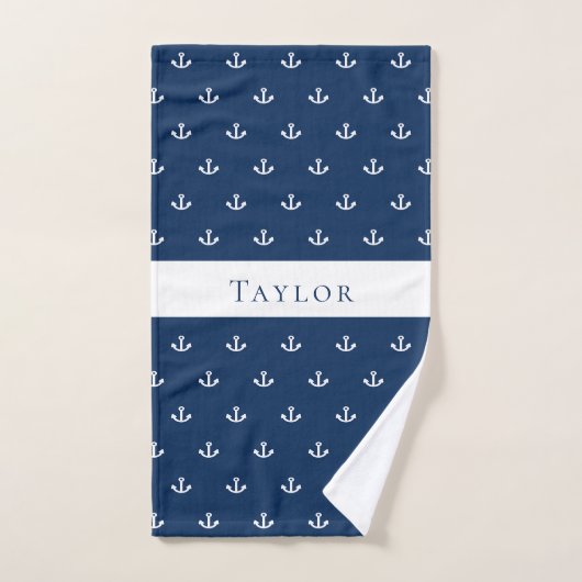 Nautical anchor navy blue monogram handdoek (Handdoek)