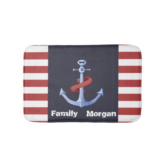 Nautical Anchor Navy Blue, Red Stripes Bath Badmat (Voorkant)