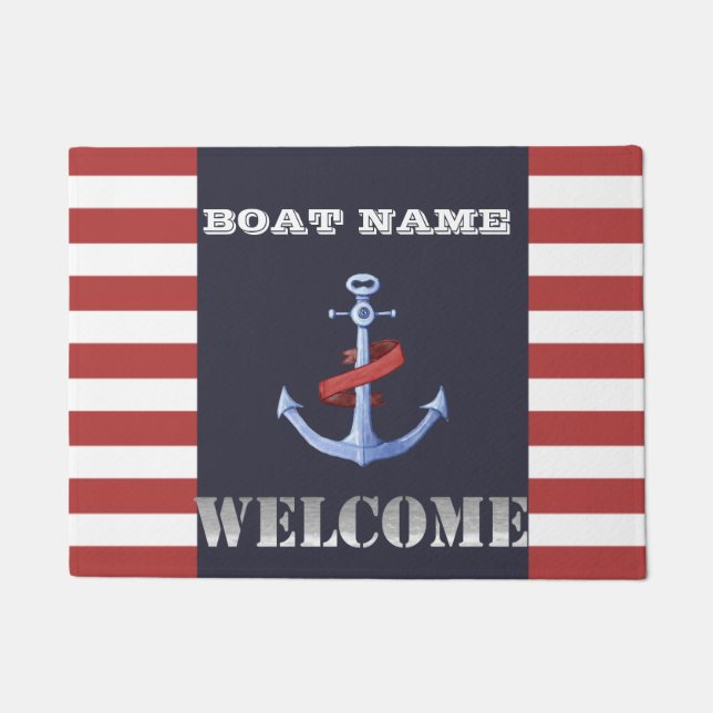 Nautical Anchor Navy Blue, Red Stripes Doorm Deurmat (Voorkant)