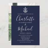 Nautical Anchor Navy Blue Script Photo Weddenschap Kaart (Voorkant / Achterkant)
