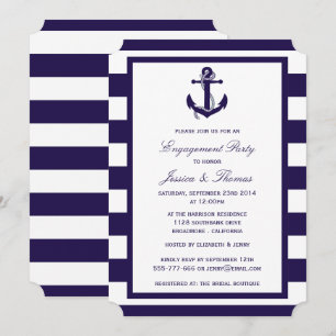 Nautical Anchor Navy Blue Stripe Engagement Party Kaart