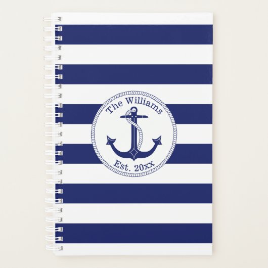 Nautical Anchor Navy Blue Stripe Planner (Voorkant)