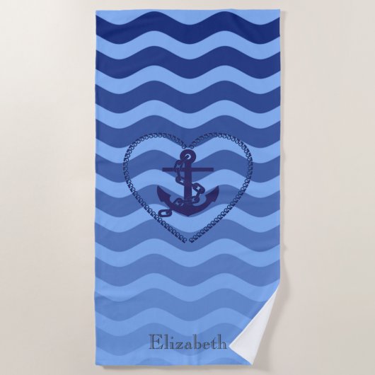 Nautical Anchor Navy Blue Stripe Waves Strandlaken (Voorkant)
