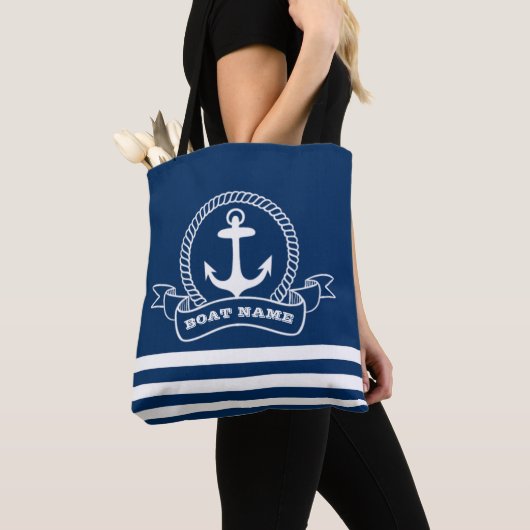 Nautical Anchor Navy Blue Striped Draagtas (Dichtbij)