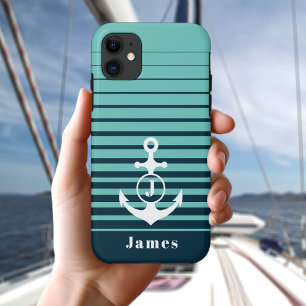 Nautical Anchor Navy Blue Striped Monogram iPhone 11 Hoesje