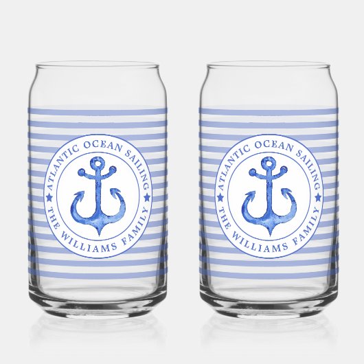 Nautical Anchor Navy Blue Striped Personalized Blikvorm Glas (Voorkant)