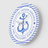 Nautical Anchor Navy Blue Striped Personalized Grote Klok (Hoek)