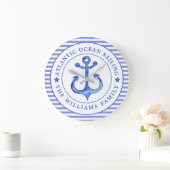 Nautical Anchor Navy Blue Striped Personalized Grote Klok (Huis)