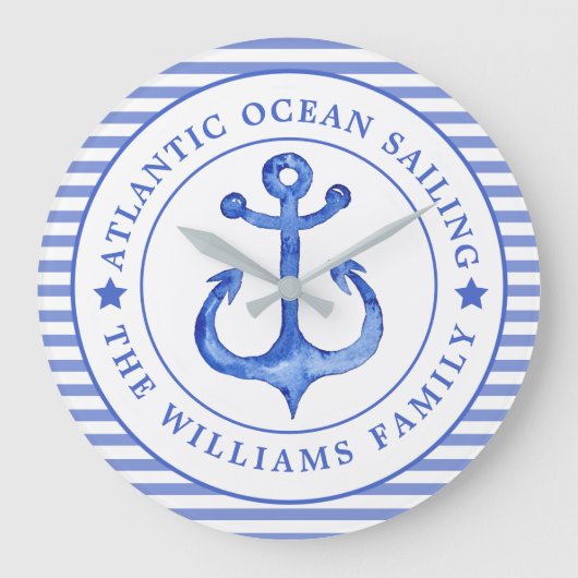 Nautical Anchor Navy Blue Striped Personalized Grote Klok (Voorkant)