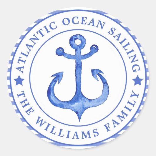 Nautical Anchor Navy Blue Striped Personalized Ronde Sticker (Voorkant)