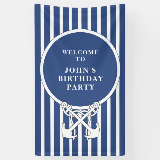 Nautical Anchor Navy Blue Stripes Birthday Banner (Verticaal)