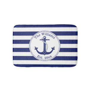 Nautical Anchor Navy Blue Stripes Familienaam Badmat
