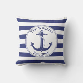 Nautical Anchor Navy Blue Stripes Familienaam Buitenkussen
