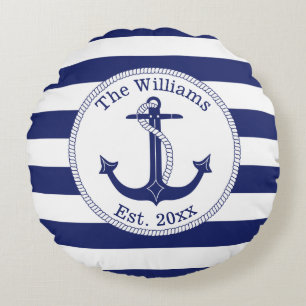 Nautical Anchor Navy Blue Stripes Familienaam Rond Kussen