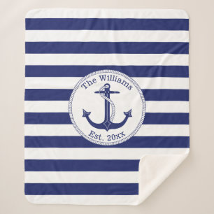 Nautical Anchor Navy Blue Stripes Familienaam Sherpa Deken