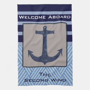 Nautical Anchor & Navy Blue Stripes Theedoek