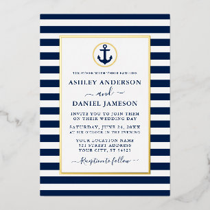 Nautical Anchor Navy Blue Stripes Wedding Gold Folie Uitnodiging