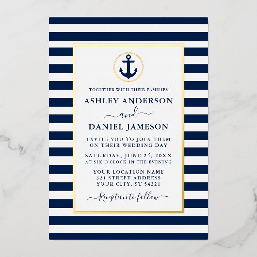 Nautical Anchor Navy Blue Stripes Wedding Gold Folie Uitnodiging (Voorkant)