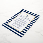 Nautical Anchor Navy Blue Stripes Wedding Gold Folie Uitnodiging (Gedraaid)