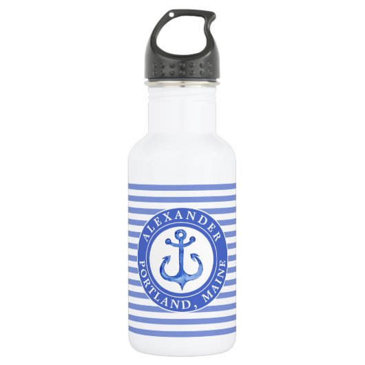 Nautical Anchor Navy Blue Waterfles (Voorkant)