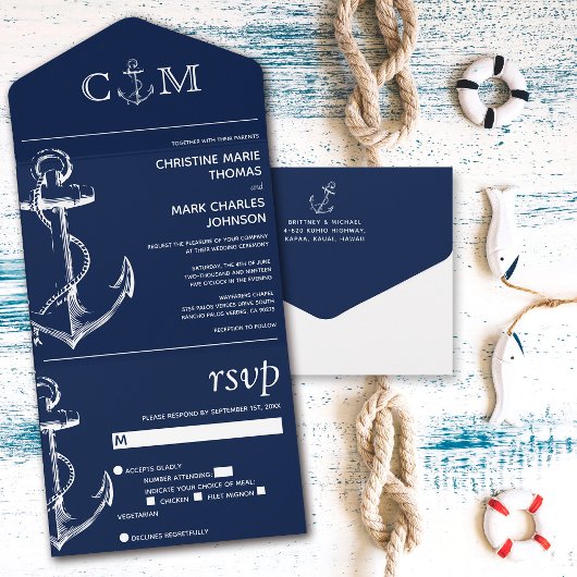 Nautical Anchor Navy Blue Wedding All In One Uitnodiging