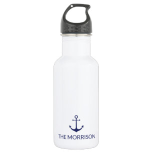 Nautical anchor navy blue white Custom Boat Name Waterfles