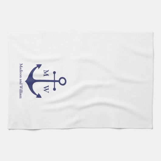 Nautical anchor navy blue white custom monogram theedoek (Horizontaal)