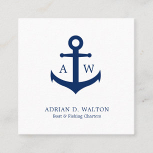 Nautical Anchor Navy Blue White Monogram Simple Vierkante Visitekaartje