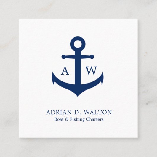 Nautical Anchor Navy Blue White Monogram Simple Vierkante Visitekaartje (Voorkant)