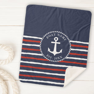 Nautical Anchor Navy Blue White Red Boat Naam Sherpa Deken