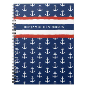 Nautical Anchor Navy Blue White Red Naam Notitieboek
