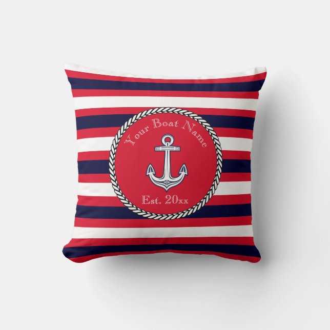 Nautical Anchor Navy Blue White Red strepen Drow Kussen (Voorkant)