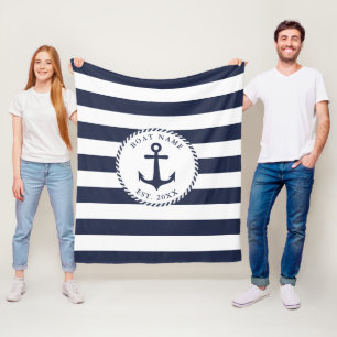 Nautical Anchor Navy Blue White Stripes Boat Name Fleece Deken