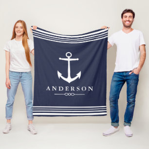 Nautical Anchor Navy Blue & White Stripes Fleece Deken