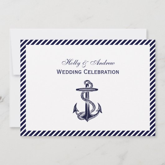 Nautical Anchor Navy Diag Stripe 2H Wedding Kaart (Voorkant)