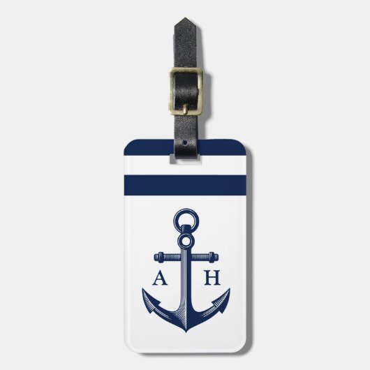 Nautical Anchor Navy Monogram Bagagelabel (Voorkant verticaal)