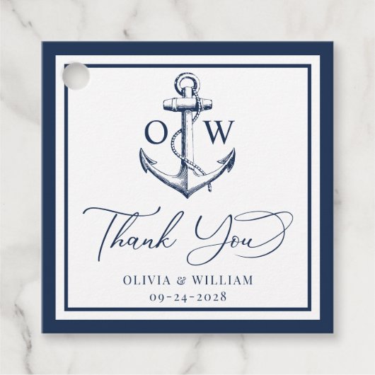 Nautical Anchor Navy Monogram Dank je huwelijk Bedankjes Labels (Voorkant)