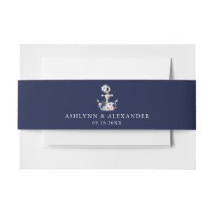 Nautical Anchor Navy Peach Floral Names Wedding Uitnodigingen Wikkel