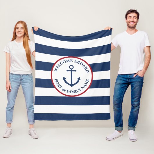 Nautical anchor navy striped boot blanket fleece deken (In situ)