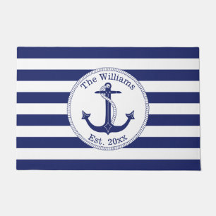 Nautical Anchor Navy Stripes Familienaam 24 x 36 Deurmat