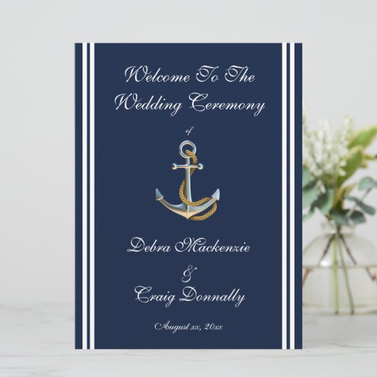 Nautical Anchor, Navy, Wedding Programme Programma (Staand voorkant)