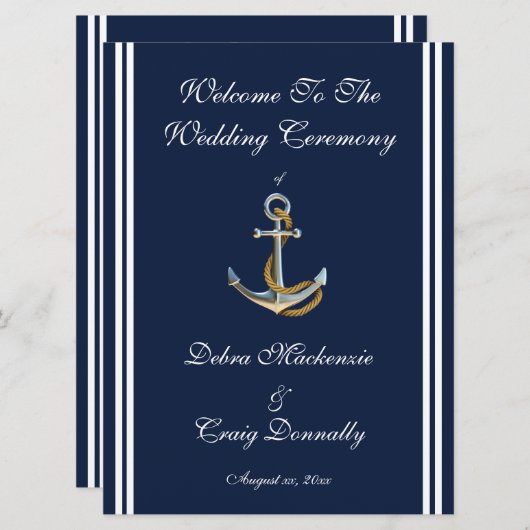 Nautical Anchor, Navy, Wedding Programme Programma (Voorkant / Achterkant)
