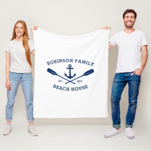 Nautical Anchor Oars Familienaam and Beach House Fleece Deken
