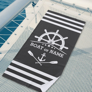 Nautical Anchor Oars Helm Jouw naam Grey & White Strandlaken