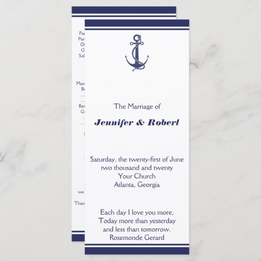 Nautical Anchor on Navy Wedding Programme Programma (Voorkant / Achterkant)