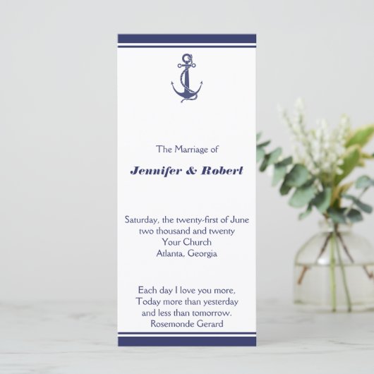 Nautical Anchor on Navy Wedding Programme Programma (Staand voorkant)